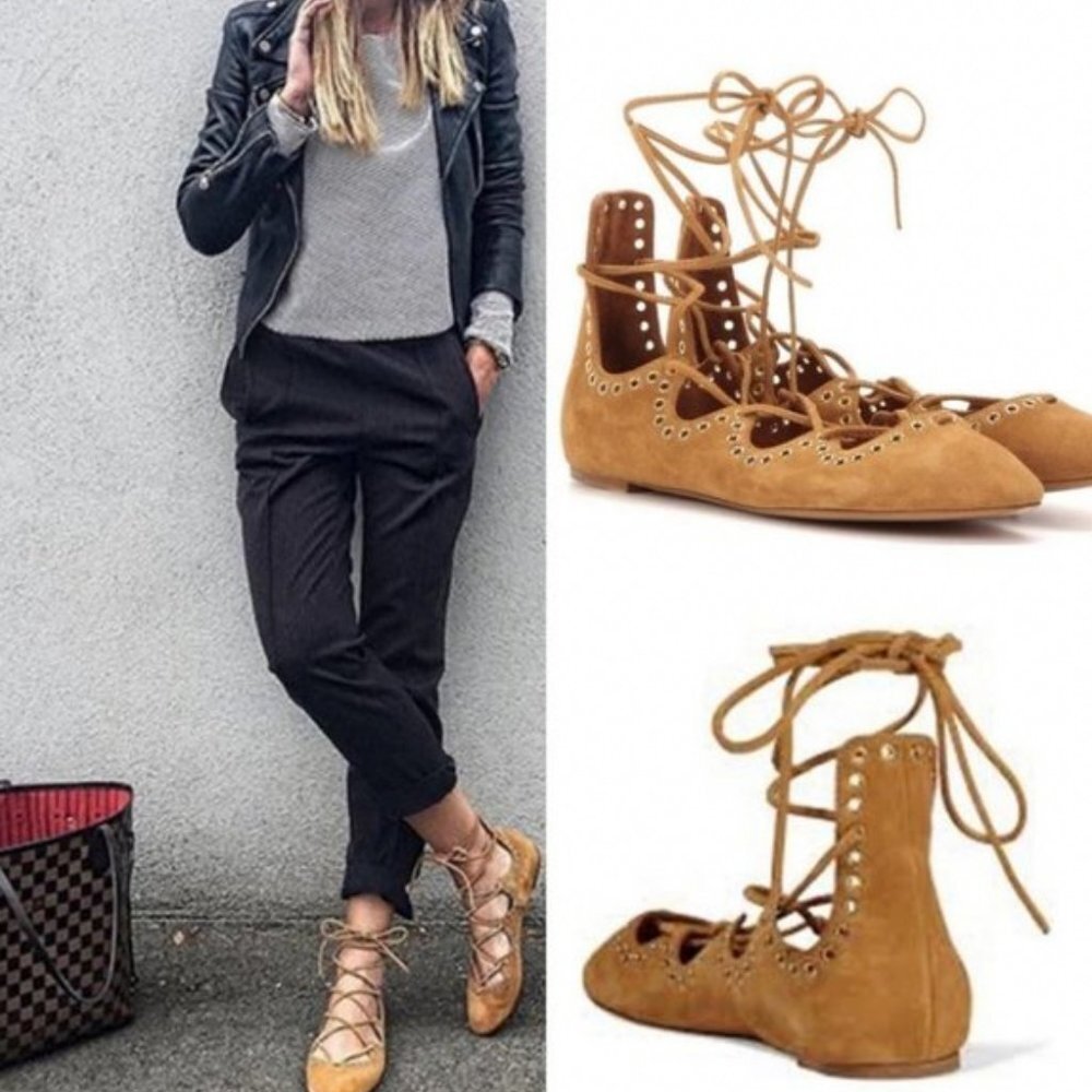 Isabel‎ Marant Leo Lace Up Calfskin Leather Flats Womens Size 35 or 5 Tan Brown